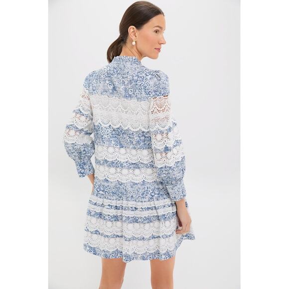 HYACINTH HOUSE Lace Trim Blue Etched Floral Emmie Mini Dress Size M NWT - Picture 2 of 8